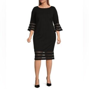 Calvin Klein Black Boat neck Bell Sleeve Sheath Dress Sheer Accents Size 12